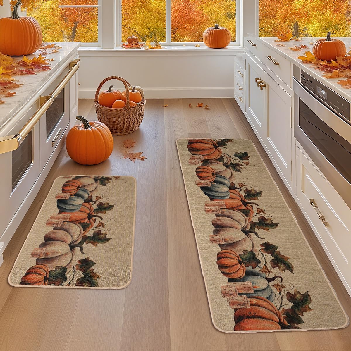 Larponder Fall Pumpkin Kitchen Mats Set of 2, Non-Slip Absorbent Rug and Door Mats, Home Decor Kitchen Floor Rugs for Autumn Harvest Thanksgiving Holiday - 17x24 and 17x48 Inch