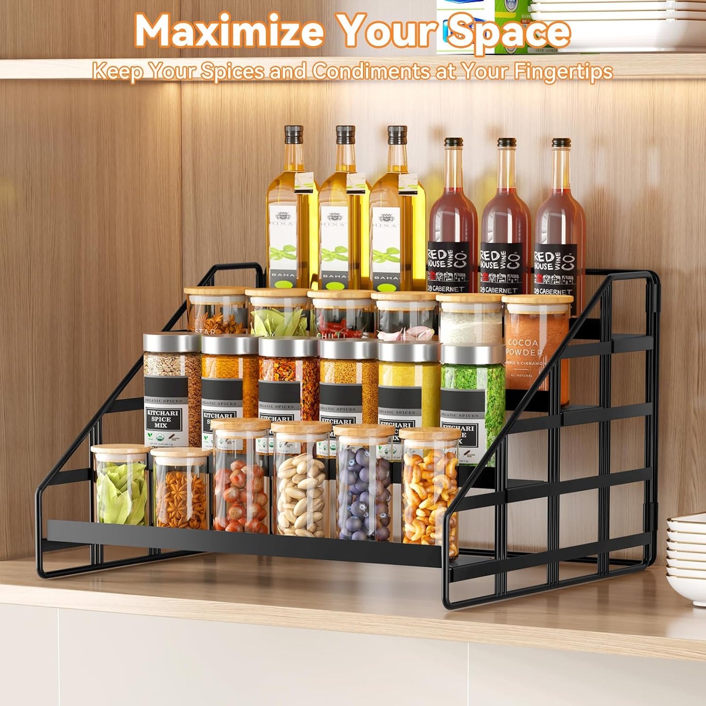 Spice Rack Kitchen Cabinet Organizer,4 Tier Countertop Spice Rack,Tier Depth Adjustable Cabinet Shelf,Step Spice Organization Easy Visibility,Holds Seasoning and Condiments