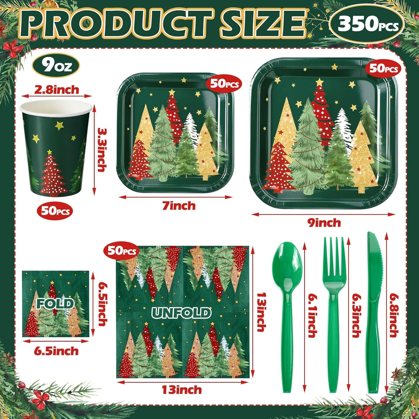 350 Pcs Paper Plates and Napkins Set Disposable Dinnerware Party Supplies Tableware Serve 50 Guest Cups Knife Forks Spoon (Green,Red,Gold,Christmas Tree)