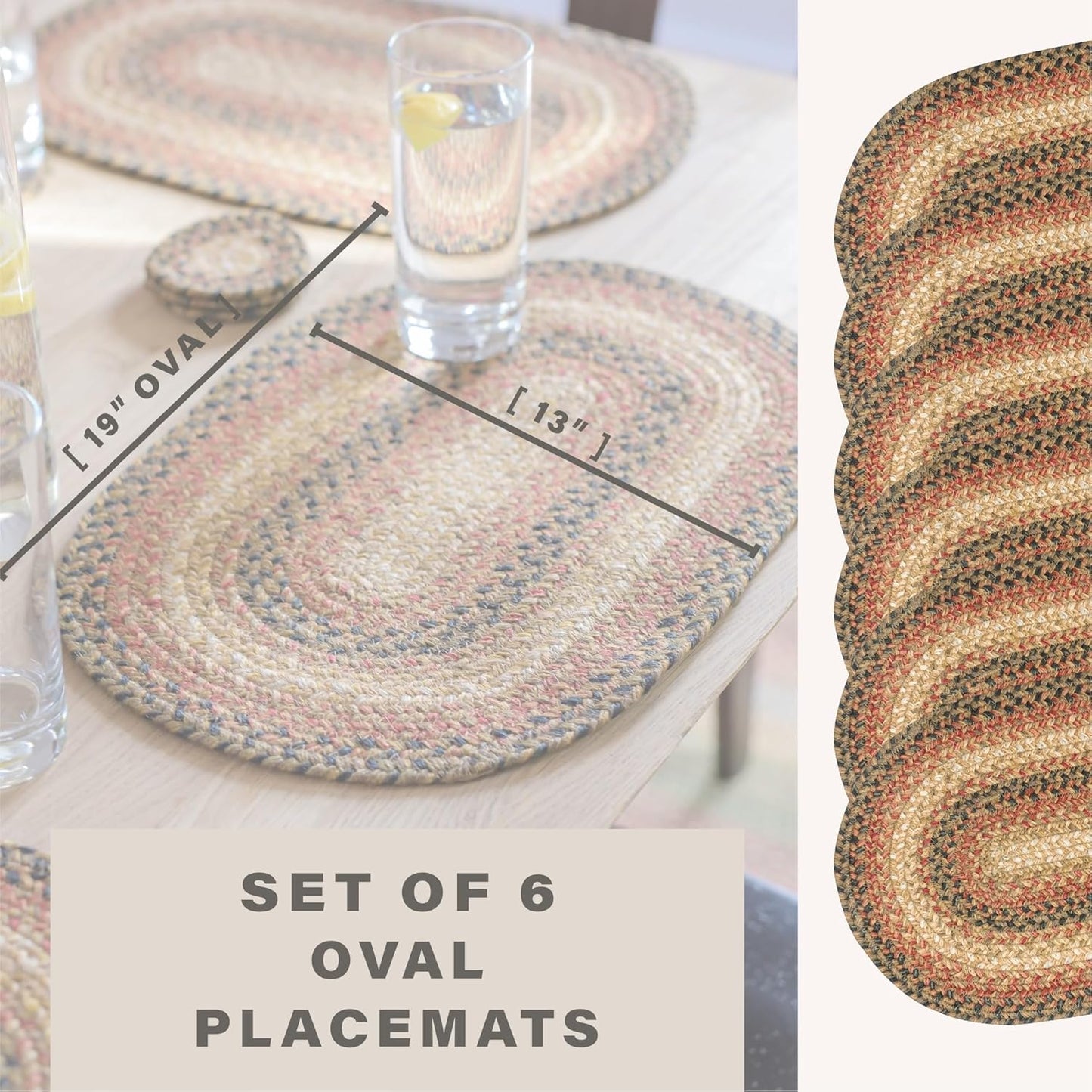 Homespice Russet Jute Braided Oval Placemats, Warm Country Decor, Set of 6, 13x19 Multicolor Table Mats - Vibrant Colors, Durable, Easy to Clean and Protects Furniture
