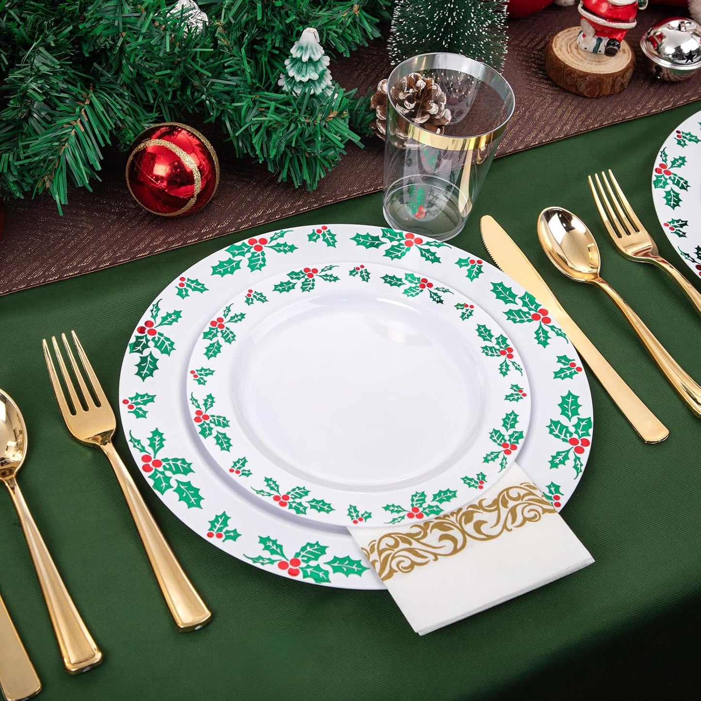 FLOWERCAT 175 PCS Christmas Plates set & Holly Berry Plates - Christmas plates disposable Include 50 Christmas Plastic Plates,25 forks, 25 knives, 25 spoons, 25 napkins Ideal for Xmas Party