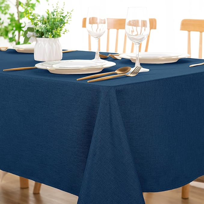 DWCN Rectangle Faux Linen Tablecloth - Waterproof Spill-Proof Wrinkle and Stain Resistant Table Cloth Washable Decorative Farmhouse Table Cover for Kitchen Dining Party, 52 x 70 Inch, Navy Blue