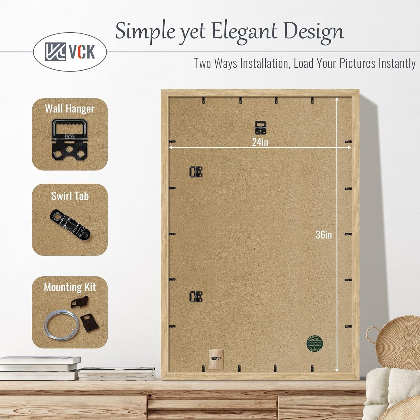 VCK 24x36 Oak Poster Frame 5 Pack, Natural Solid Wood Picture Frames, Wall Mounting Hanging