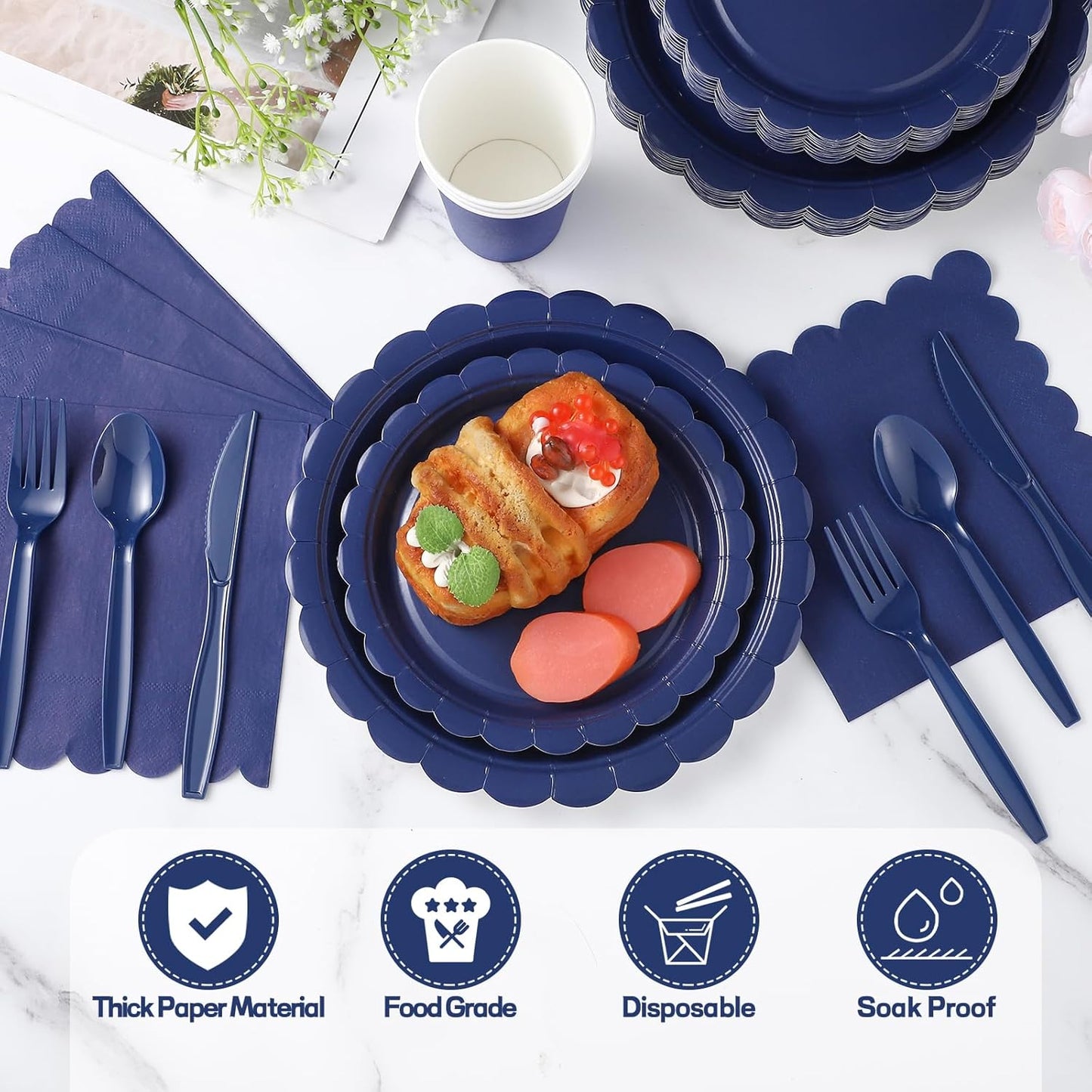 175 Pcs Navy Blue Plates and Napkins, 25 Guest Navy Blue Party Supplies Inlcudes Scalloped Plates Napkins Cups Plastic Cutlery for Birthday, Wedding, Picnic