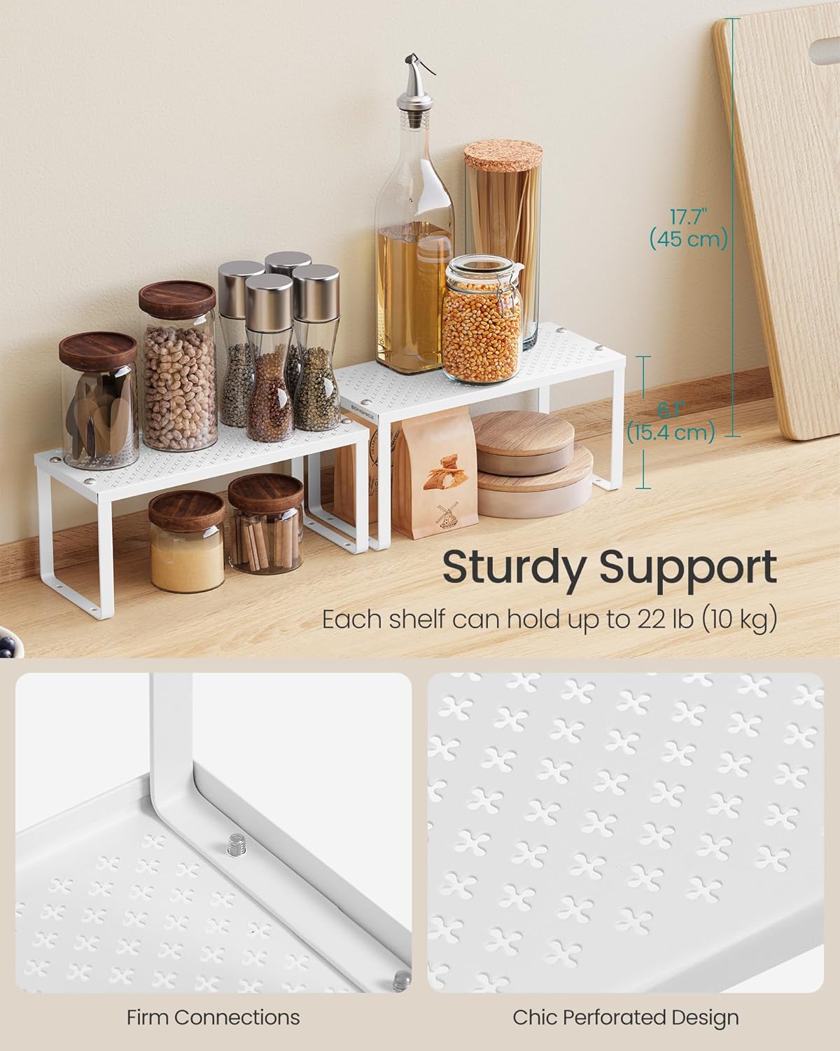 SONGMICS Spice Racks, Set of 2 Metal Cabinet Shelf Organizers, Countertop Organizers, Shelf Risers, Stackable, Expandable, White UKCS003W01