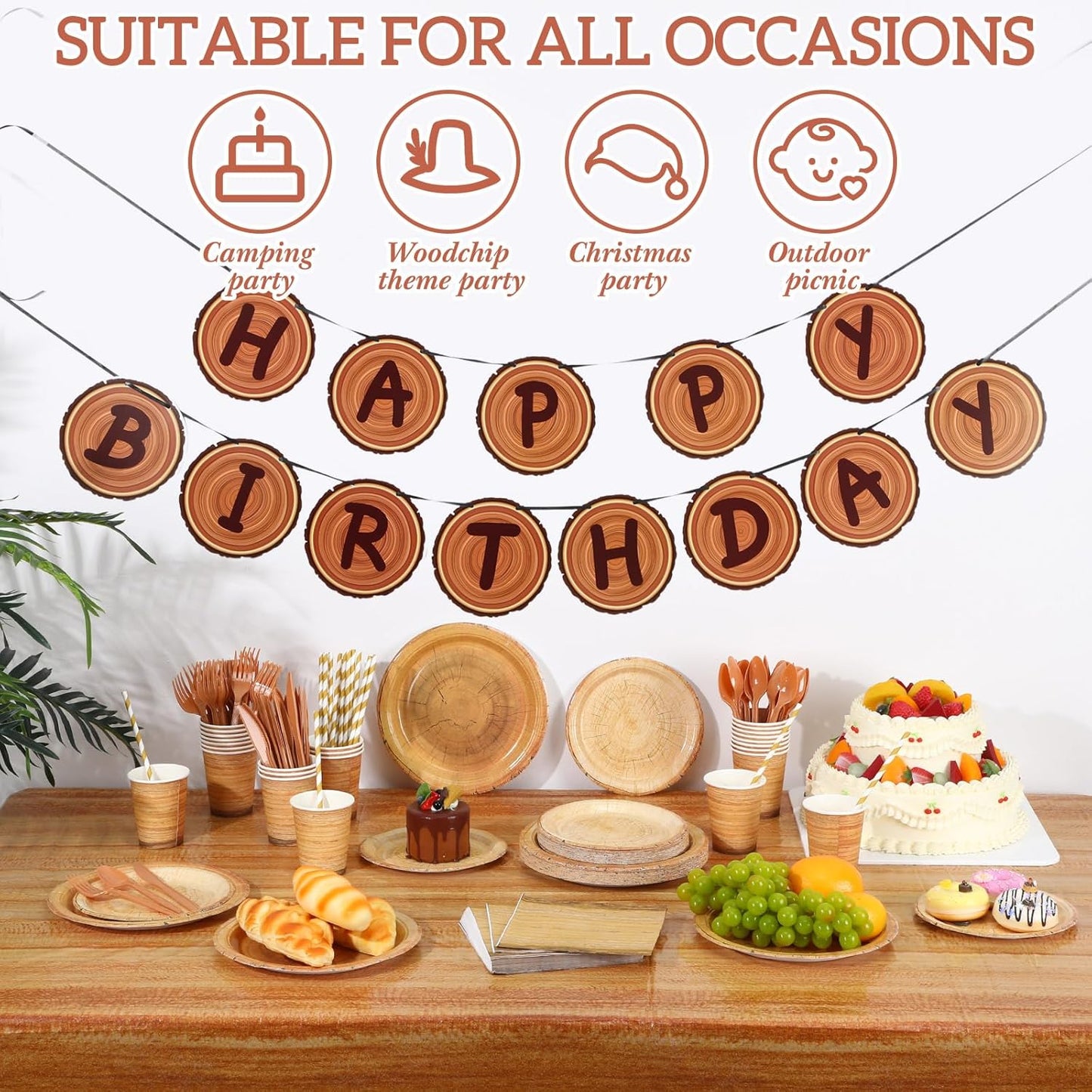 Sawysine 202 Pcs Wood Grain Party Supplies Disposable Dinnerware Set 50 Plates 25 Cups 25 Napkins 25 Plastic Forks 25 Knives 25 Spoons 25 Straw Flag Tablecloth to Serve 25 Guests