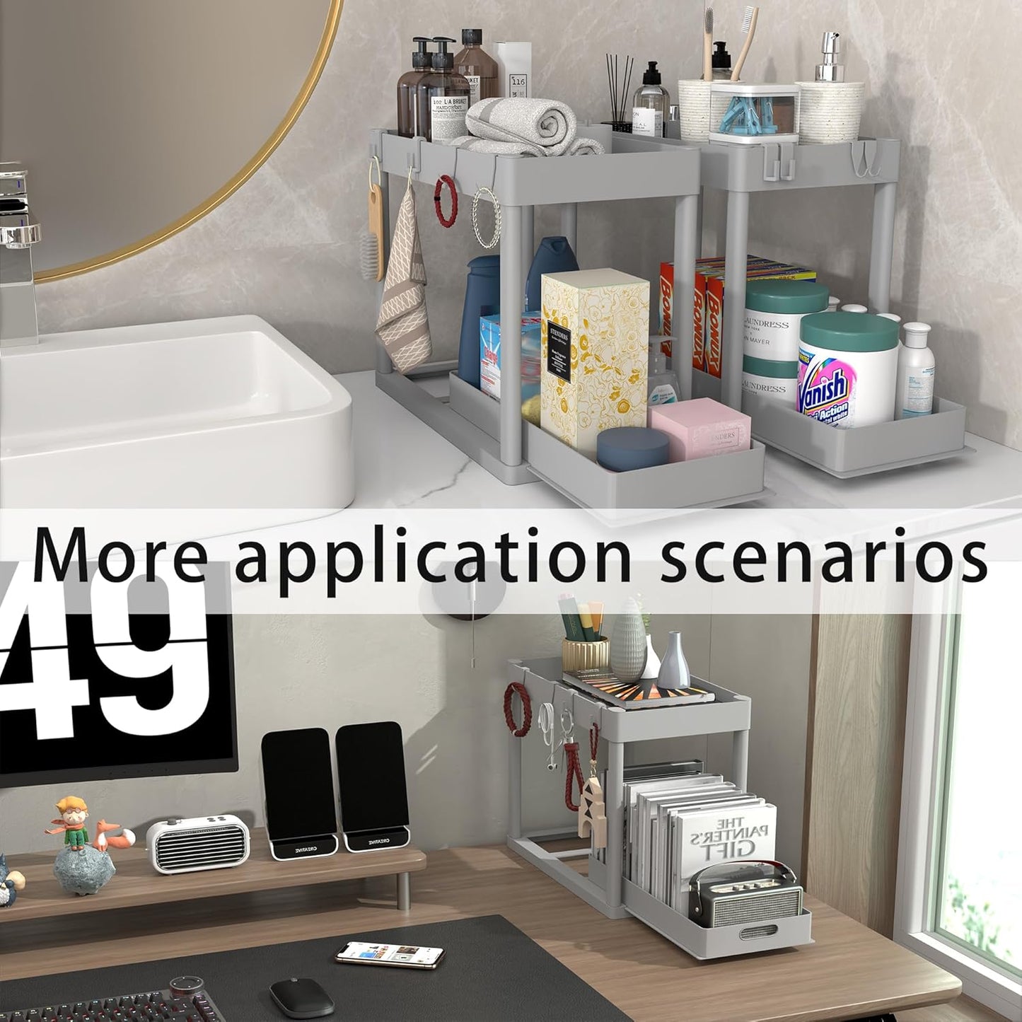 2PC Under Sink Organizer Rack 2 Tier Under Sliding Cabinet Basket Organizer Drawer with 4 Hooks, Multi-purpose Under Sink Storage for Bathroom Kitchen Desktop（Grey）