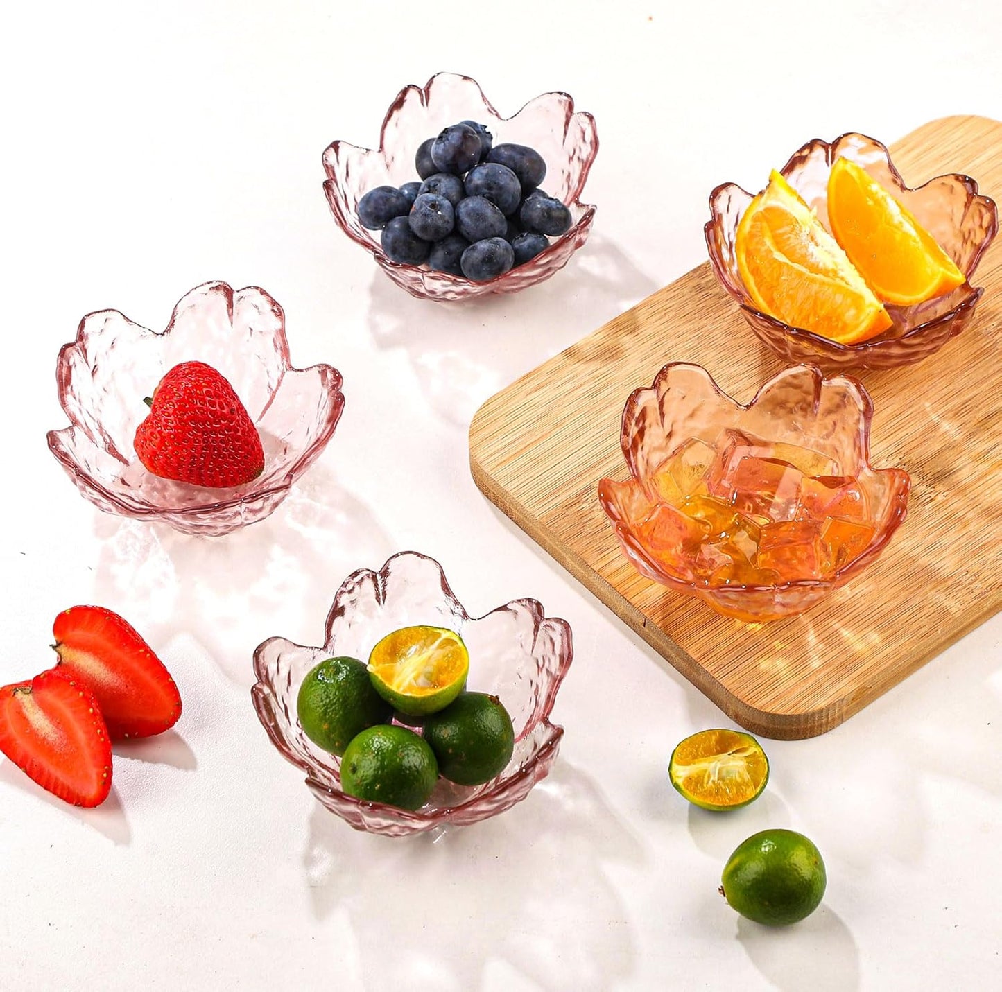 WHJY 8 pack Cute Sauce Dishes Glass Dish Set for Soy Sauce Snacks Tea Bag Mini Glass Bowls Clear Pink Cherry Blossom Soy Sauce Dishes