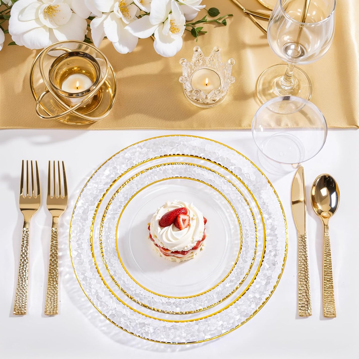 Nervure 150Pcs Clear Plastic Plates with Gold Hammered Silverware include 25Dinner Plate, 25Dessert Plate, 25Knives, 25Forks, 25Spoons and 25Cups for Wedding & Parties & Thanksgiving