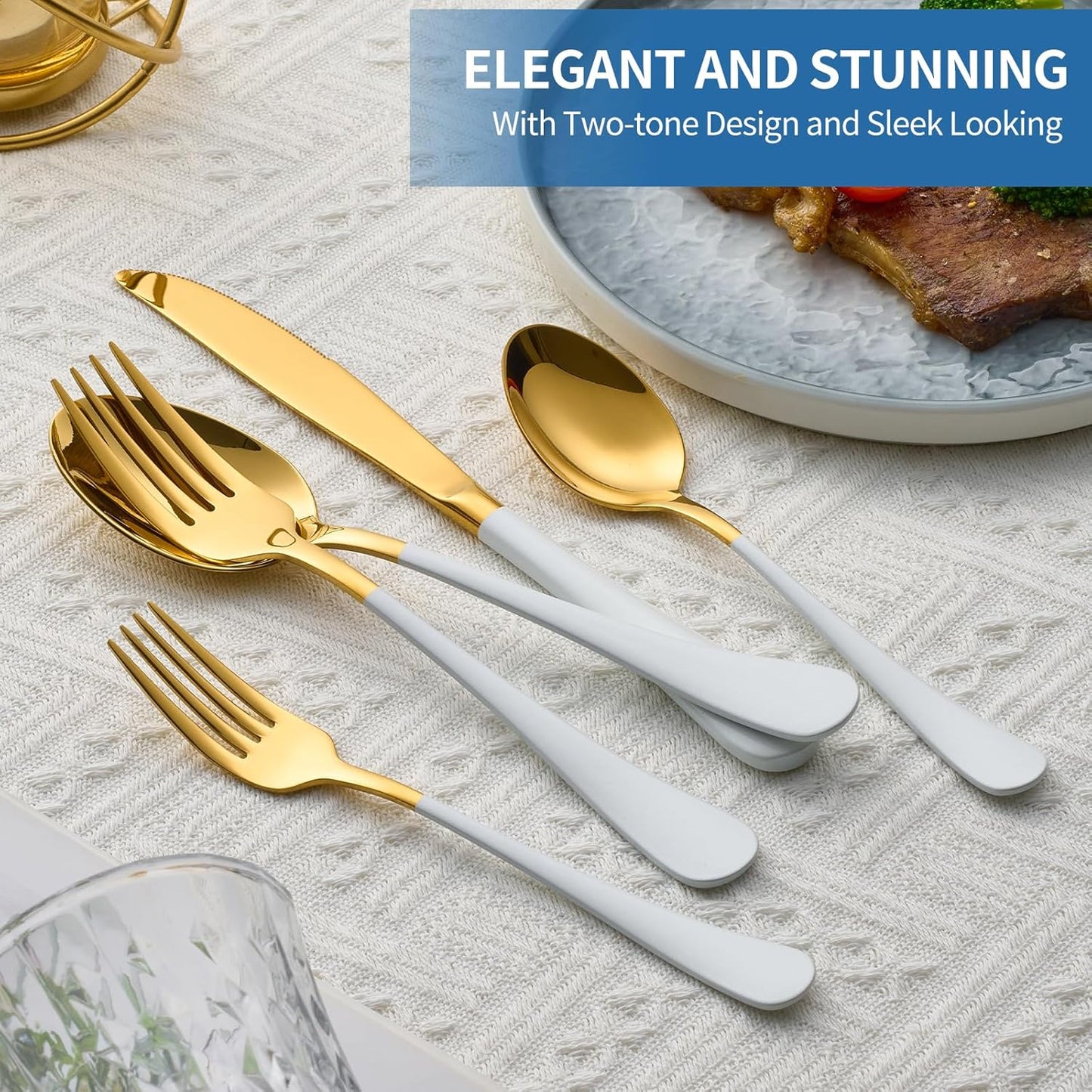 20-Piece White & Gold Silverware Set, 18/0 Stainless Steel Colorful Handle Flatware Set,Service for 4,Modern Cutlery Set Includes Dinner Knives Forks Spoons,Mirror Polished,Dishwasher Safe