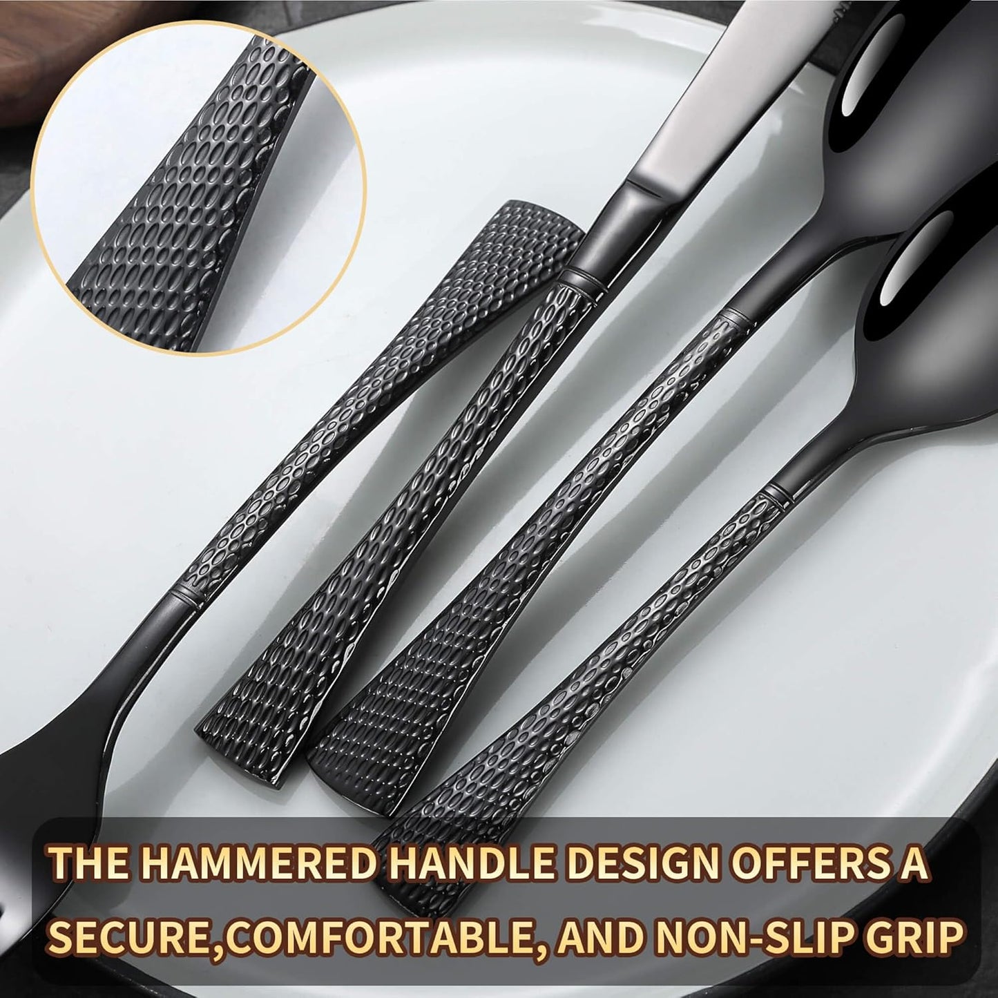 Lemeya Hammered Black Silverware Set for 8,Stainless Steel 40-Piece Modern Cutlery Set,Mirror Polished Heavy Duty Flatware Set Utensil Set,Knives Spoons and Forks Set,Dishwasher Safe