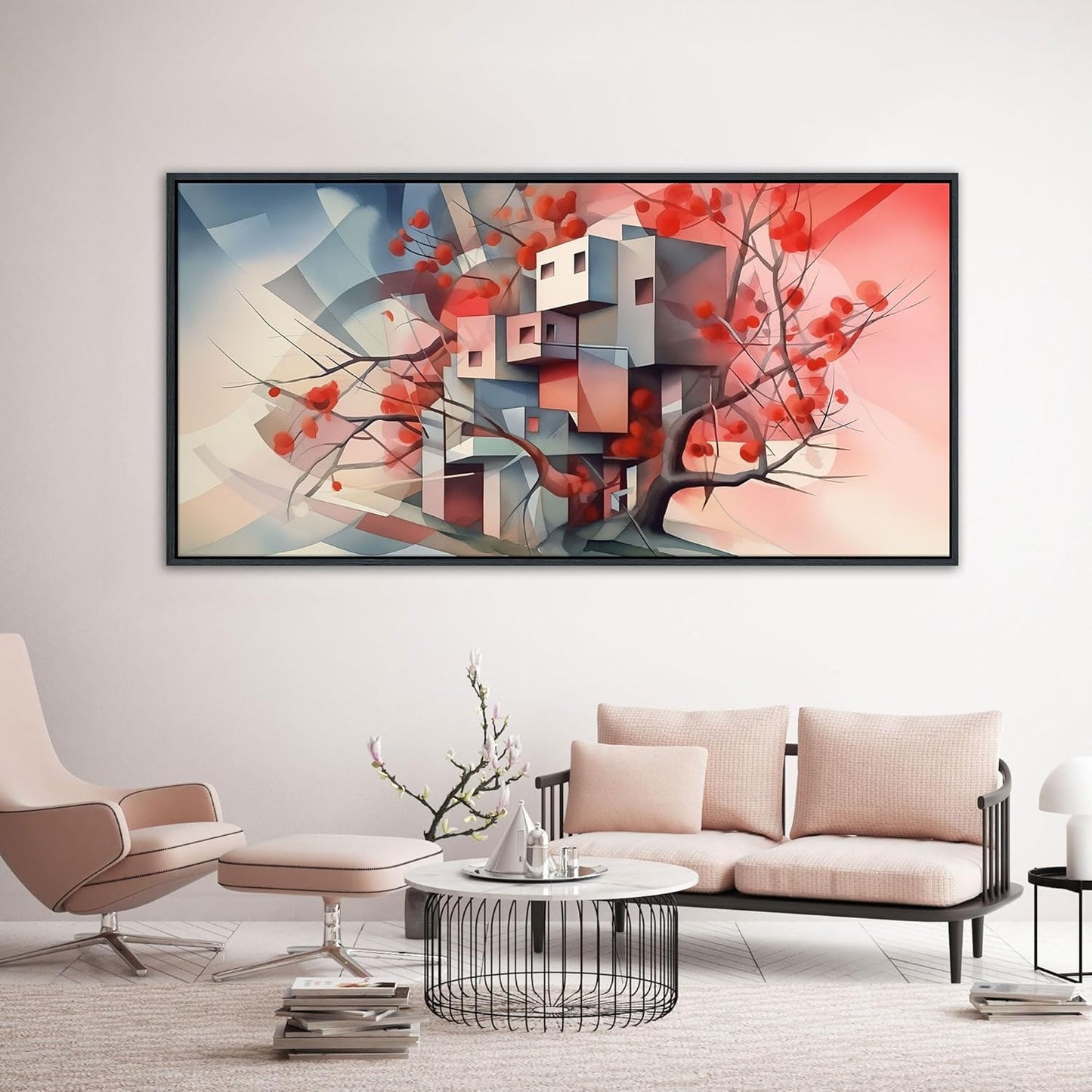 QZQCBLC Large Canvas Wall Art, Red Tree Abstract Space Pictures Ultra Modern Style Geometry Paintings Artwork for Living room Bedroom kitchen Home Office Cafe Game Yoga Room Decor 29x58 IN