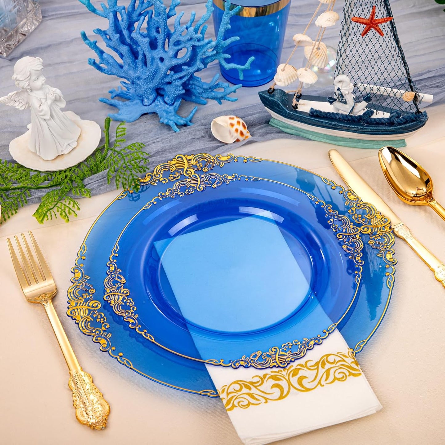 Hioasis 210pcs Blue and Gold Plastic Plates - Elegant Disposable Dinnerware Set Suitable for 30 Guests Include 10.25" Dinner & 7.5" Dessert Plates, Pre Rolled Silverware Set, Cups for Party & Wedding
