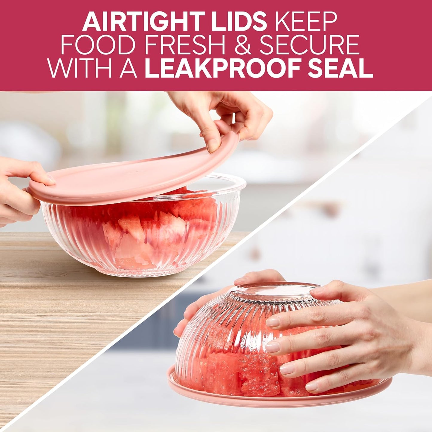 COOK WITH COLOR 12 Pc Glass Mixing Bowl Set with Lids – Borosilicate Glass Nesting Bowls for Cooking, Baking and Meal Prep, Fluted Rose