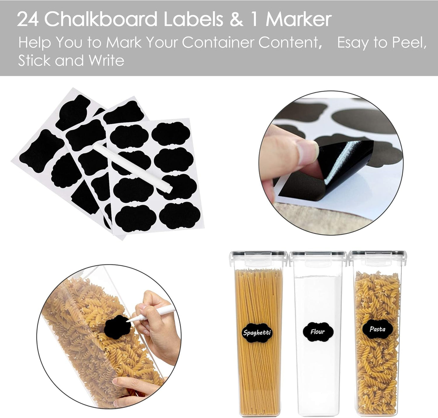 Vtopmart Airtight Food Storage Containers with Lids, 4 PCS 2.8L Pasta Containers for Pantry Organization and Storage, BPA Free Kitchen Canisters for Spaghetti, Flour, Sugar and Noodles, Black