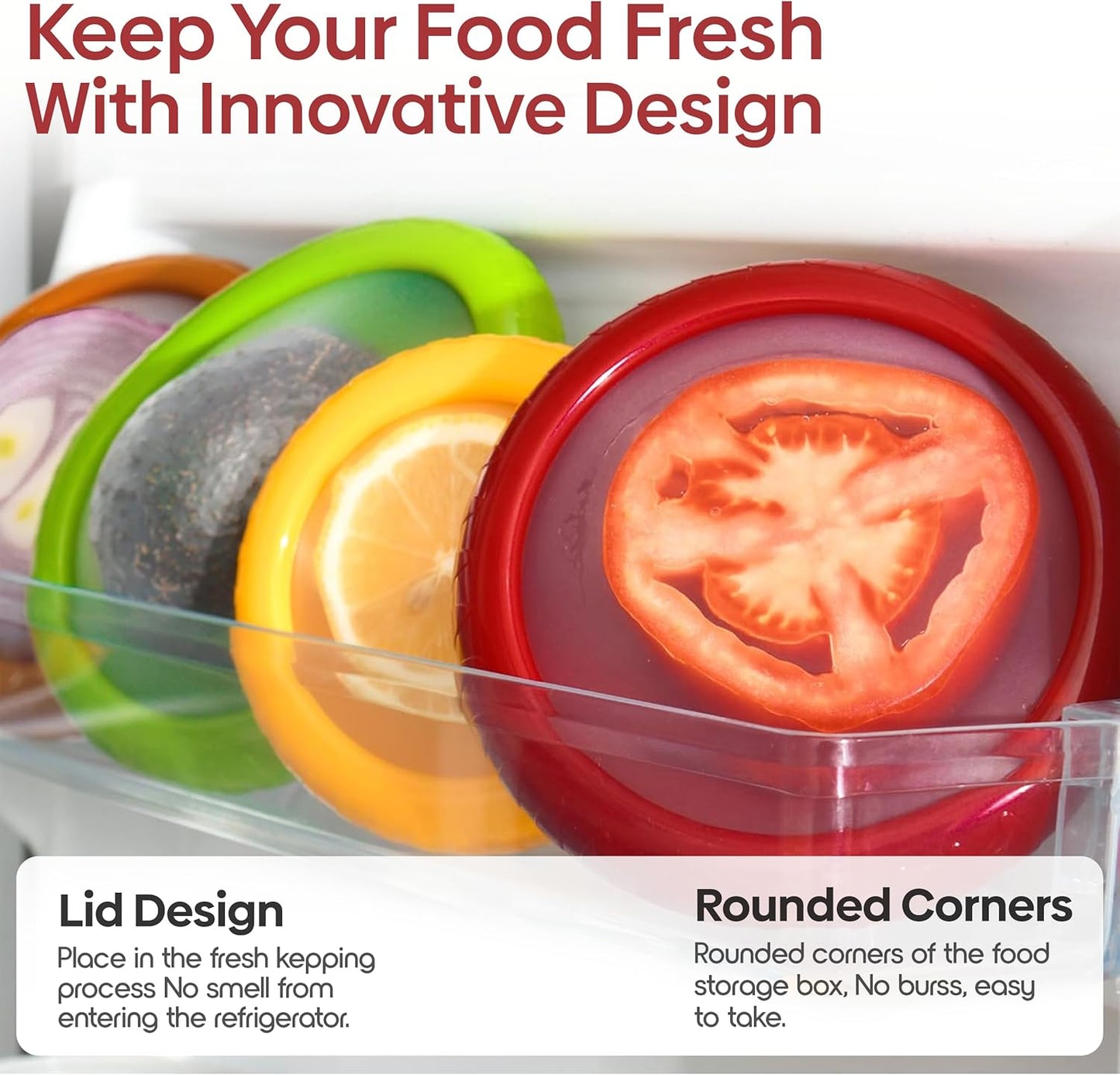 Set of 4 Food Popz Storage Containers | Fruit and Vegetable Anti-Oxidation Storage Box for Avocado, Onion, Lemon & Tomato | Fresh Pod Reusable Fruit Antioxidant Storage for Fridge | BPA-Free Box