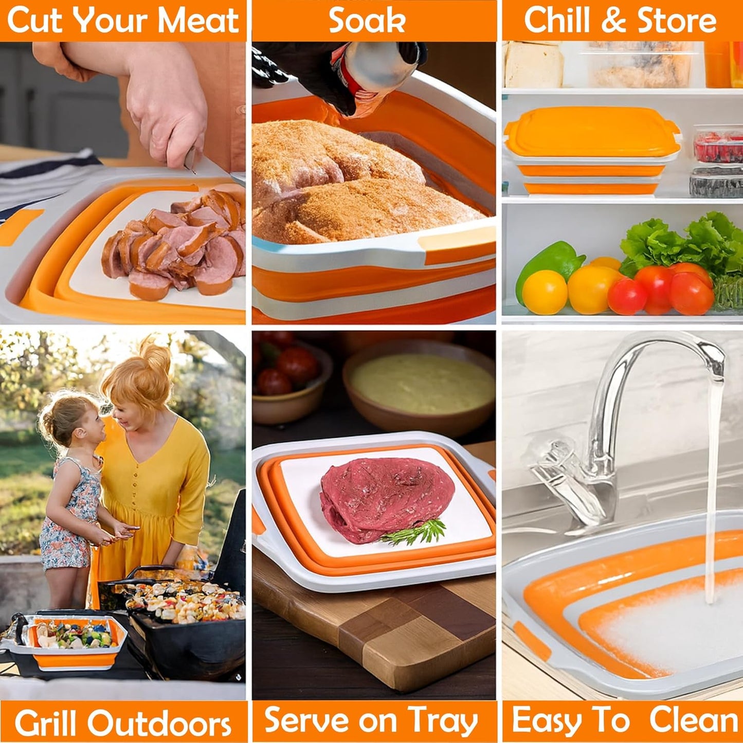 3 in 1 BBQ Prep Tub Set, XL 8L Collapsible Cutting Board Tub & Food Container with Lid, Includes 2 Meat Shredder Claws, Resting Blanket & Carry Bag, Ideal Grilling Tub for Camping & Outdoor Cooking