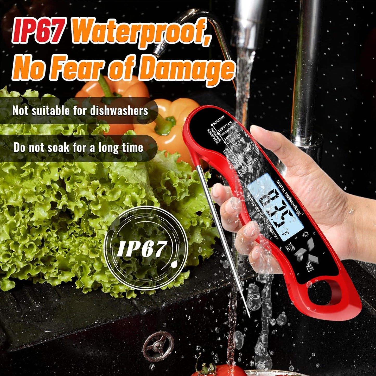 Meat Thermometer, IP67 Waterproof Digital Meat Thermometer with Backlight, Hold Function & Magnet for Grill, BBQ, Candy, Beef,Turkey，Gadgets Essentials BBQ Accessories,Mens Stocking Stuffers