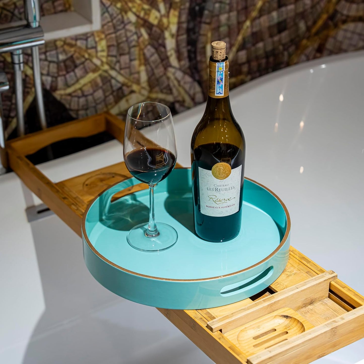 PEMAR 12.6" Round Lacquer Serving Tray with Insert Handle Decorative Basket Tray for Breakfast, Dinner, Coffee Table Decor (Aqua)