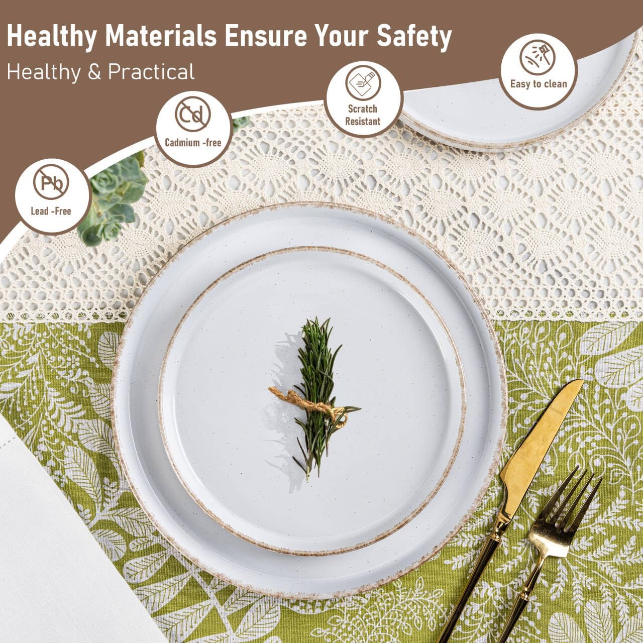 AmorArc Ceramic Dinnerware Sets for 6, 18 Pieces Handpainted Plates and Bowls Set with Rustic Terracotta Underside, Scratch Resistant Stoneware Dishes Set, Dishwasher & Microwave Safe