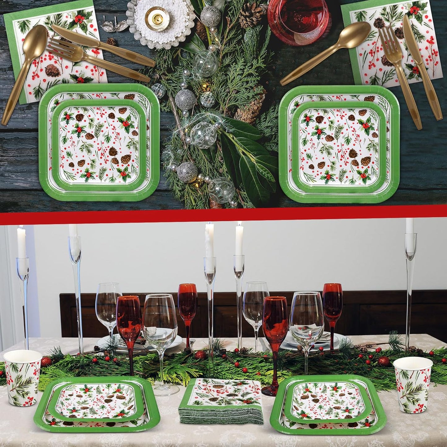 350 Pcs Paper Plates and Napkins Set Disposable Dinnerware Party Supplies Tableware Serve 50 Guest Cups Knife Forks Spoon(Green,Pine Cones)