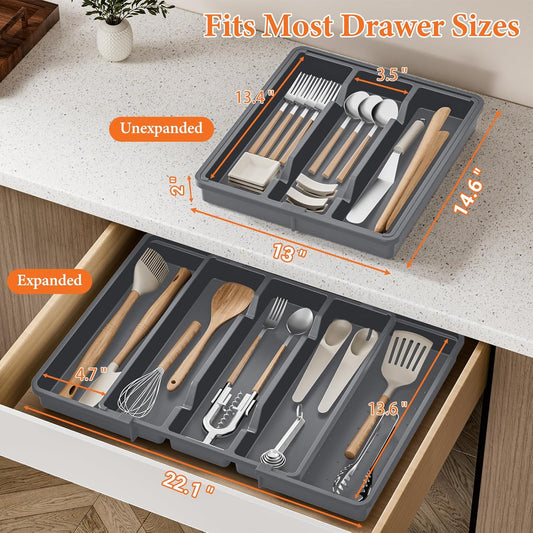 Silverware Organizer, Expandable Utensil Drawer Organizer for Kitchen Drawers, Kitchen Drawer Organizer for Spoons/Forks/Knives, Multipurpose & BPA Free Cutlery Tray, Grey, 1 Pack