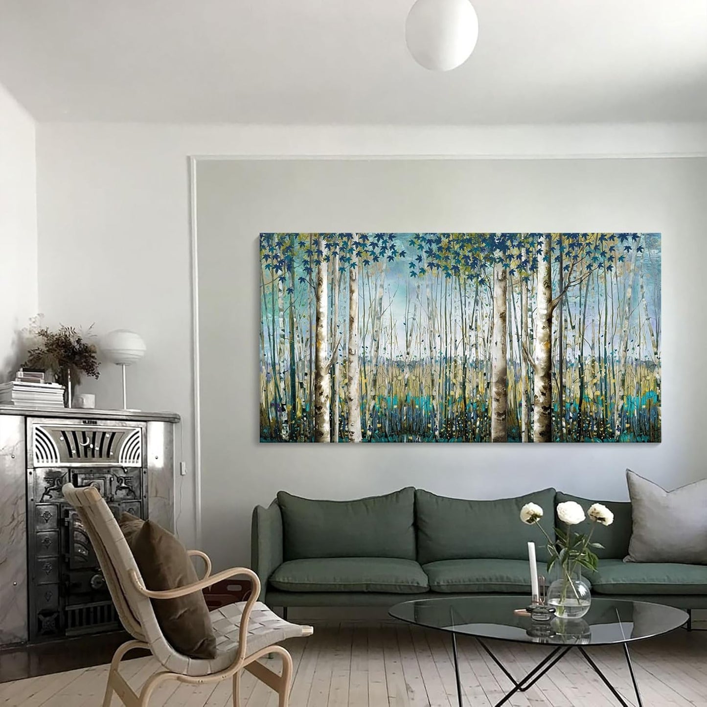 Pogusmavi Large Framed Birch Tree Canvas Wall Art Nature Painting for Home Decor | Teal Artwork for Living Room, Bedroom, and Office Pictures for Living Room 24×48IN