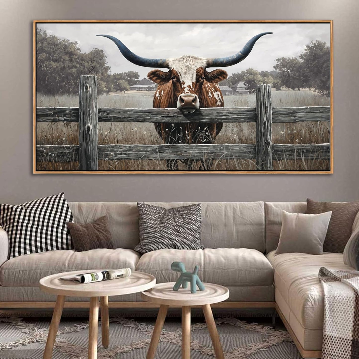 Highland Cow Wall Art - Rustic Farmhouse Wall Art for Country Wall Decor, Vintage Artwork for Walls, Framed Pictures for Living Room, Large Canvas painting for Bedroom Above Bed 29×58IN