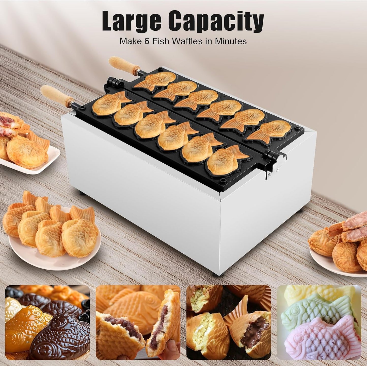 2400W 110V Fish-shaped Waffle Maker, Electric Waffle Maker with Non Stick Cooking Plate, Commercial Nonstick Taiyaki Fish-Shaped Mold Baker