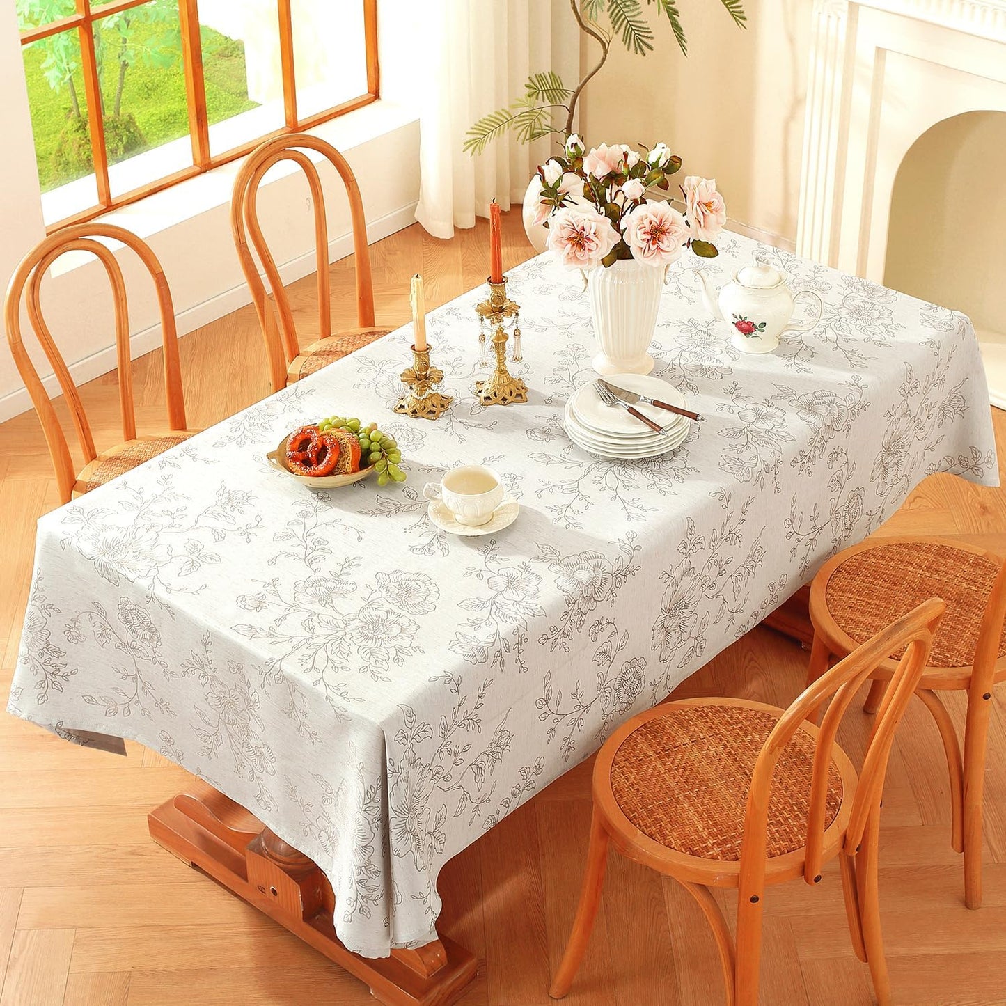 Chassic Premium Vintage Farmhouse Damask Floral 52 x 52 inch Square Table Cloth – Water Resistant Linen Textured Jacquard Tablecloth for Kitchen Dining & Picnic Decor - Beige