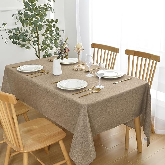 JIUZHEN Square Table Cloth Faux Linen Farmhouse Tablecloth Wrinkle and Stain Resistant Decorative Fabric Table Cover for Kitchen, Dining Room, Parties and Camping, Khaki, 60 x 60 Inch
