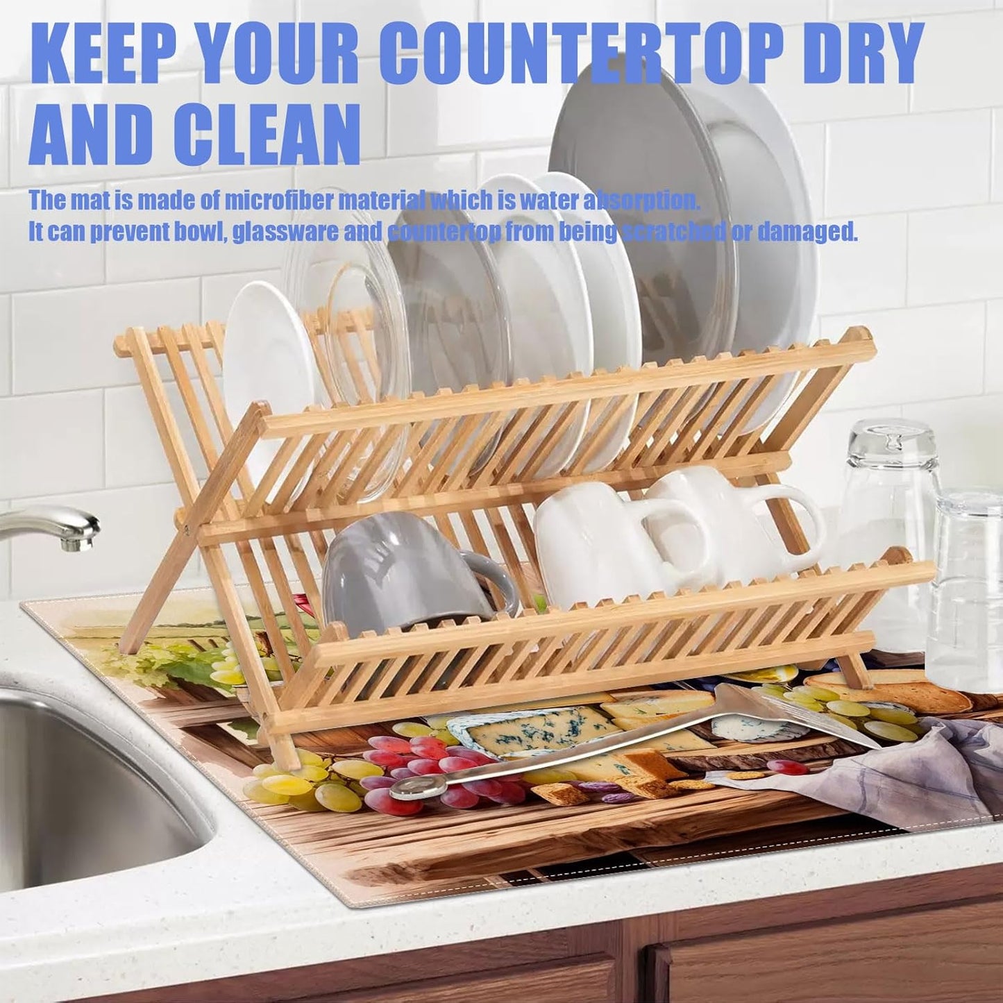 Vintage Red Wine Grape Dish Drying Mat for Kitchen Counter Drying Pad Absorbent Reversible Dish Drainer Rack Mats Draining Pad 18"x24"Inch