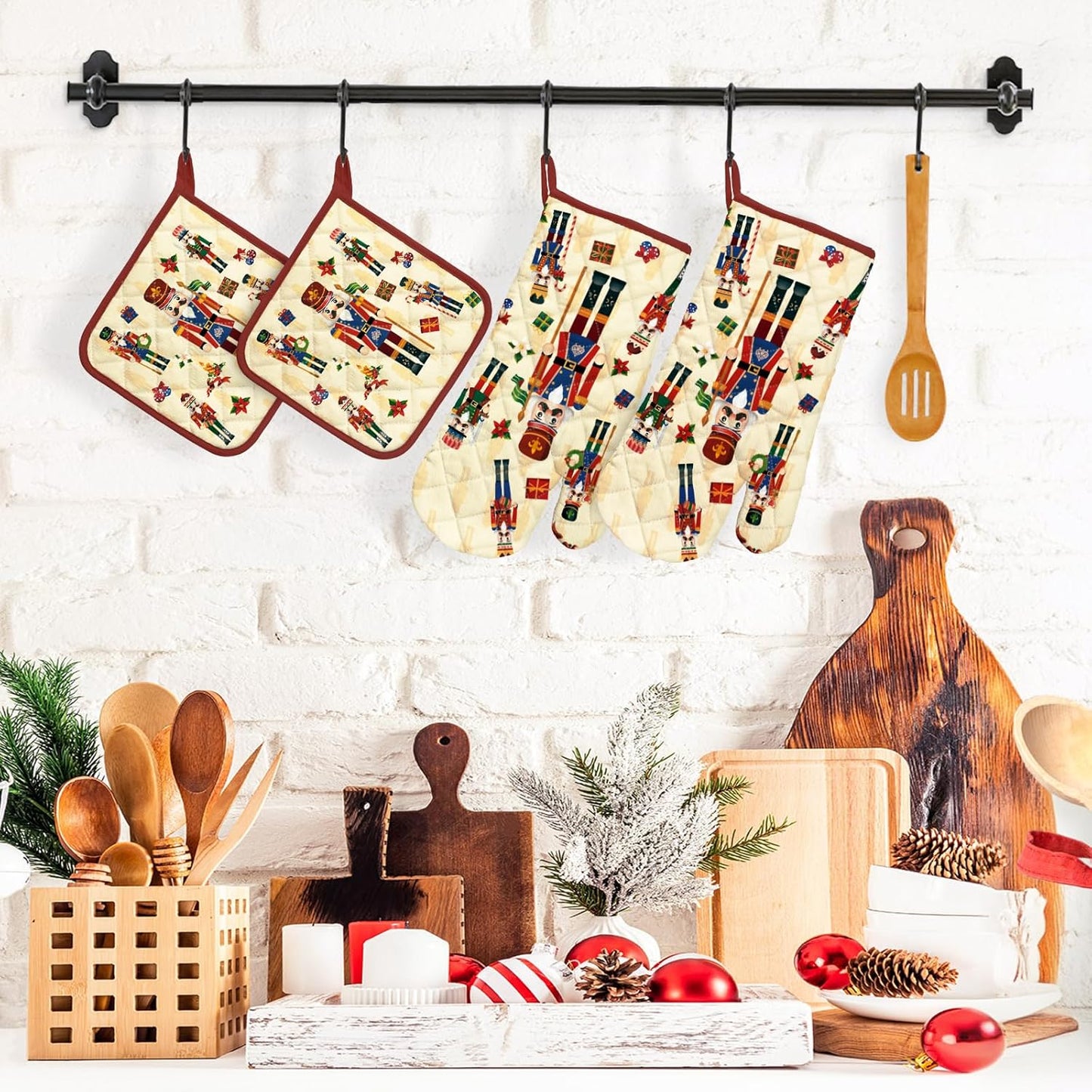 Christmas Nutcracker Oven Mitts and Pot Holders Sets 4Pcs, 100% Cotton Heat Resistant, Extra Long Oven Gloves Potholder for Kitchen Cooking Baking Decoration