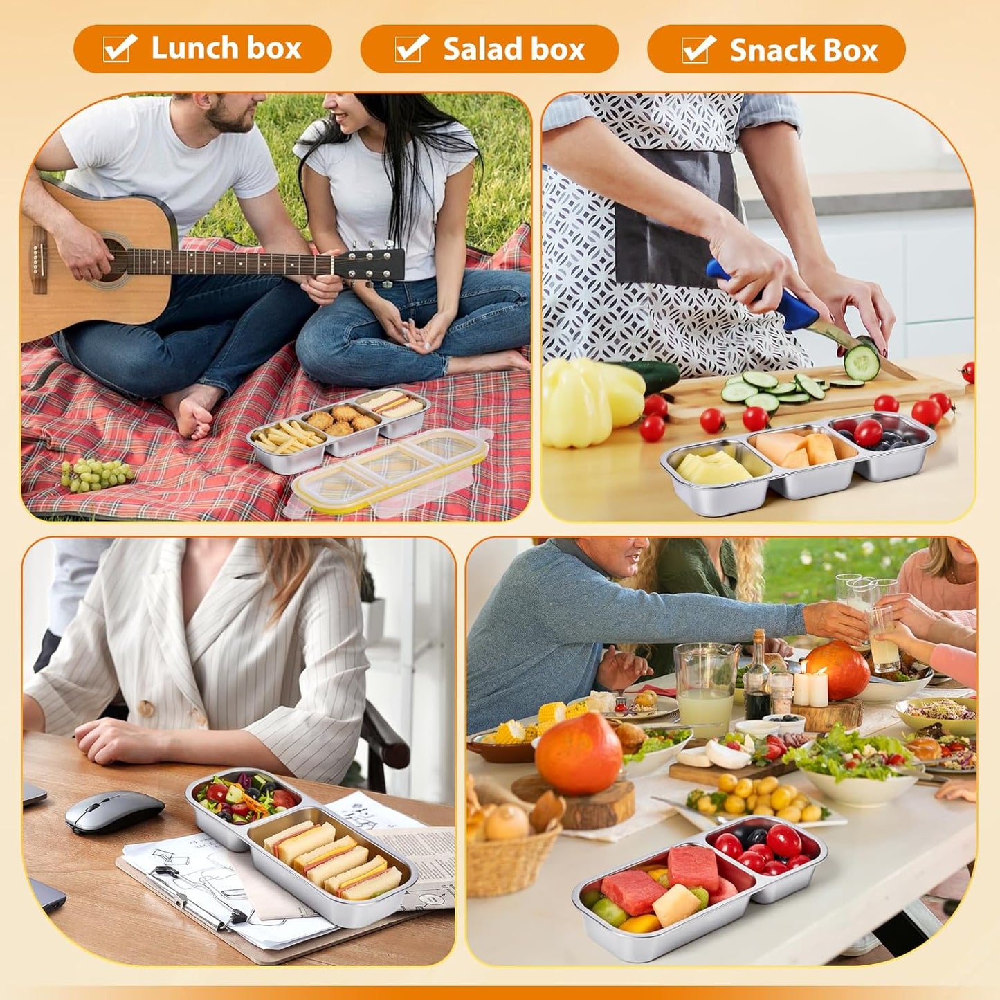 Stainless Steel Snackle Box - 3Compartment Bento Box for Kids & Adults, Reusable Food Storage Containers with Lids, Lunch Box for School (Yellow)