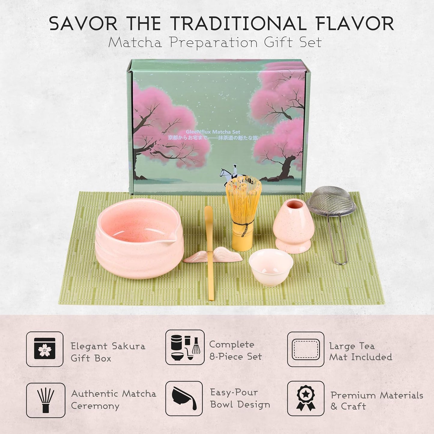 Matcha Whisk Set, 8-Piece Pink Matcha Set with Ceramic Bowl, Bamboo Whisk, Sifter, Large Mat and More – Complete Matcha Kit with Gift Box for Matcha Lovers