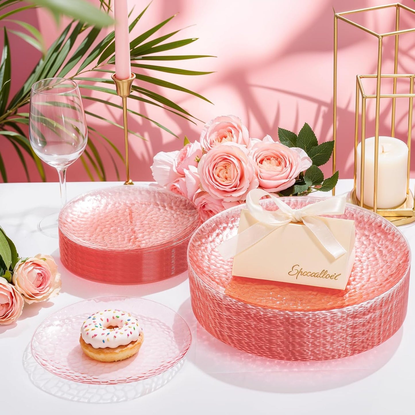Rubtlamp 100 Pcs Clear Pink Plastic Plates Dinnerware Set, Hammered Plastic Pink Plates Set,Clear Disposable Party plates Include 50 Dinner Platos,50 Dessert Platos