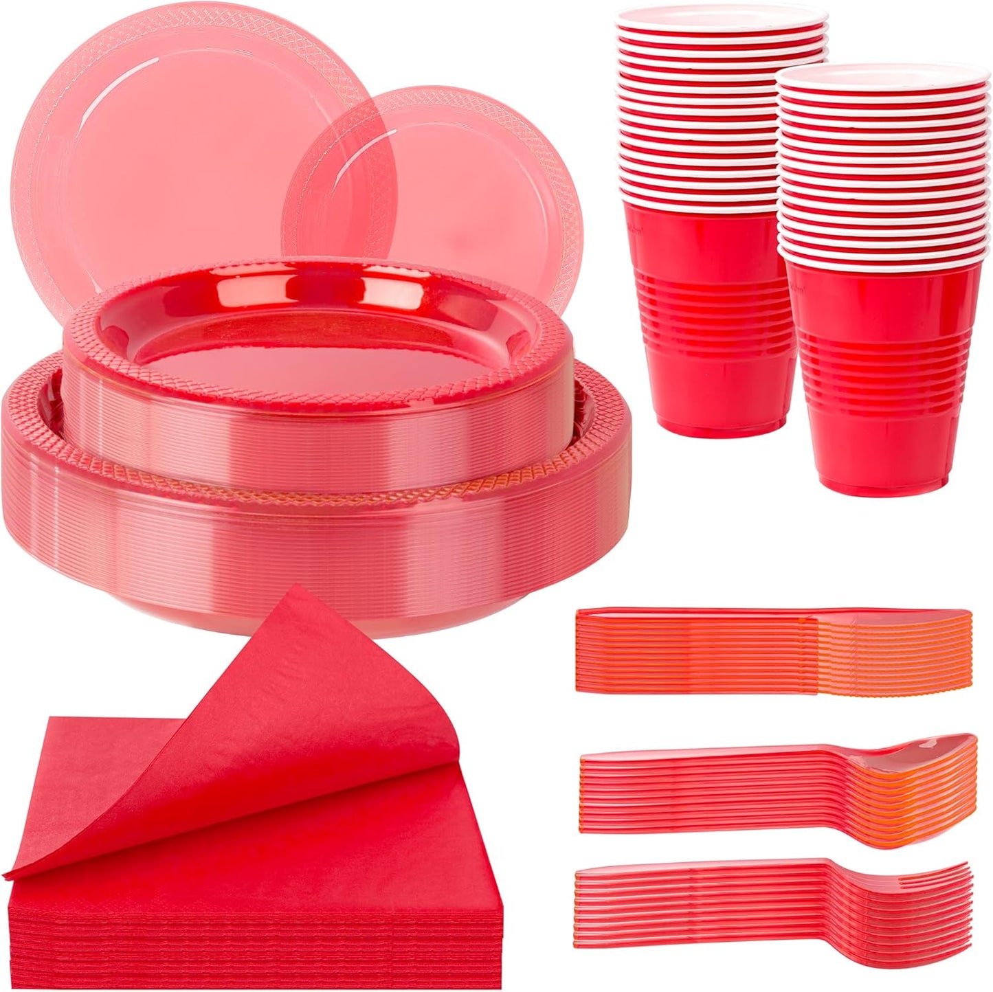 WELLIFE 210Pcs Red Plastic Plates,Clear Red Plastic Dinnerware Set,Party Supplies Including Clear Plates, 12OZ Cups, Disposable Cutlery and Paper Napkins Serve 30 Guests, Disposable Plates for Party