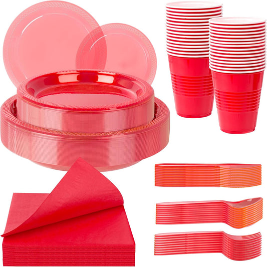 WELLIFE 210Pcs Red Plastic Plates,Clear Red Plastic Dinnerware Set,Party Supplies Including Clear Plates, 12OZ Cups, Disposable Cutlery and Paper Napkins Serve 30 Guests, Disposable Plates for Party