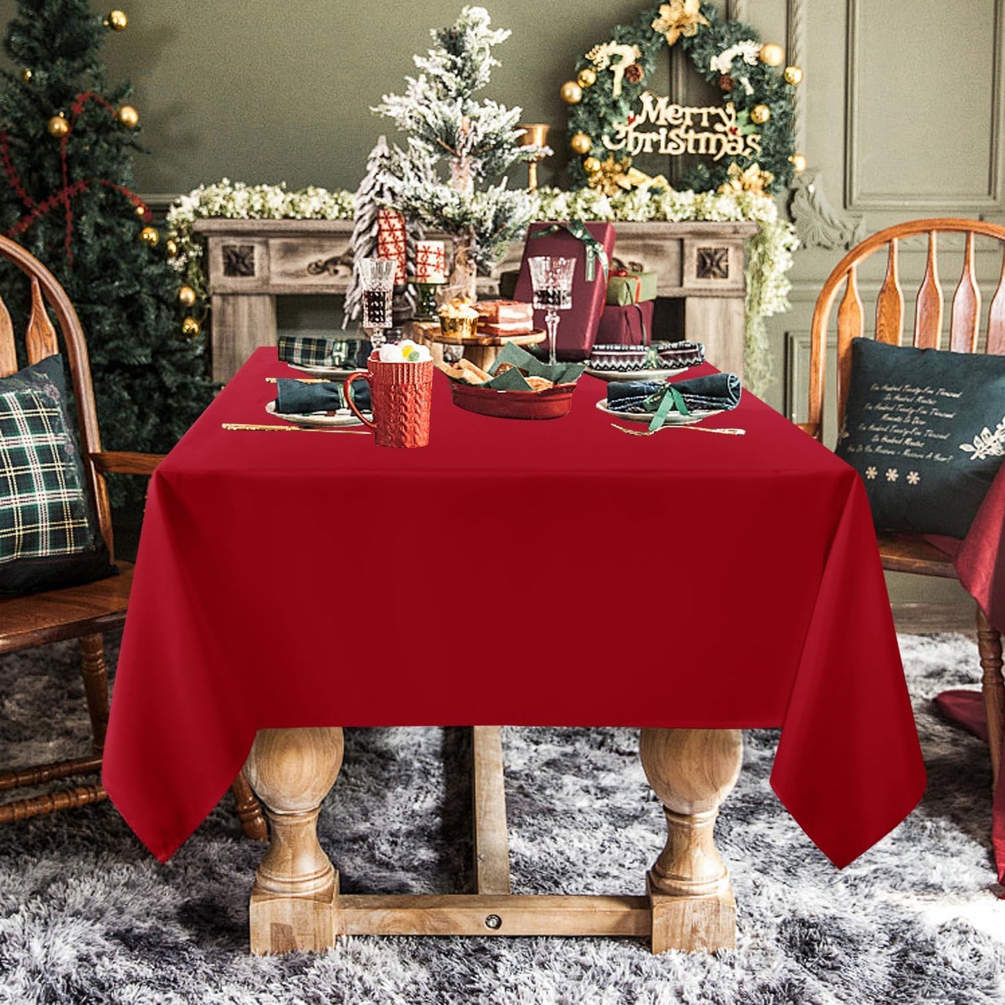sancua Rectangle Tablecloth - 70 x 90 Inch - Stain and Wrinkle Resistant Washable Polyester Table Cloth, Decorative Fabric Table Cover for Dining Tables, Buffet Parties, Christmas Red
