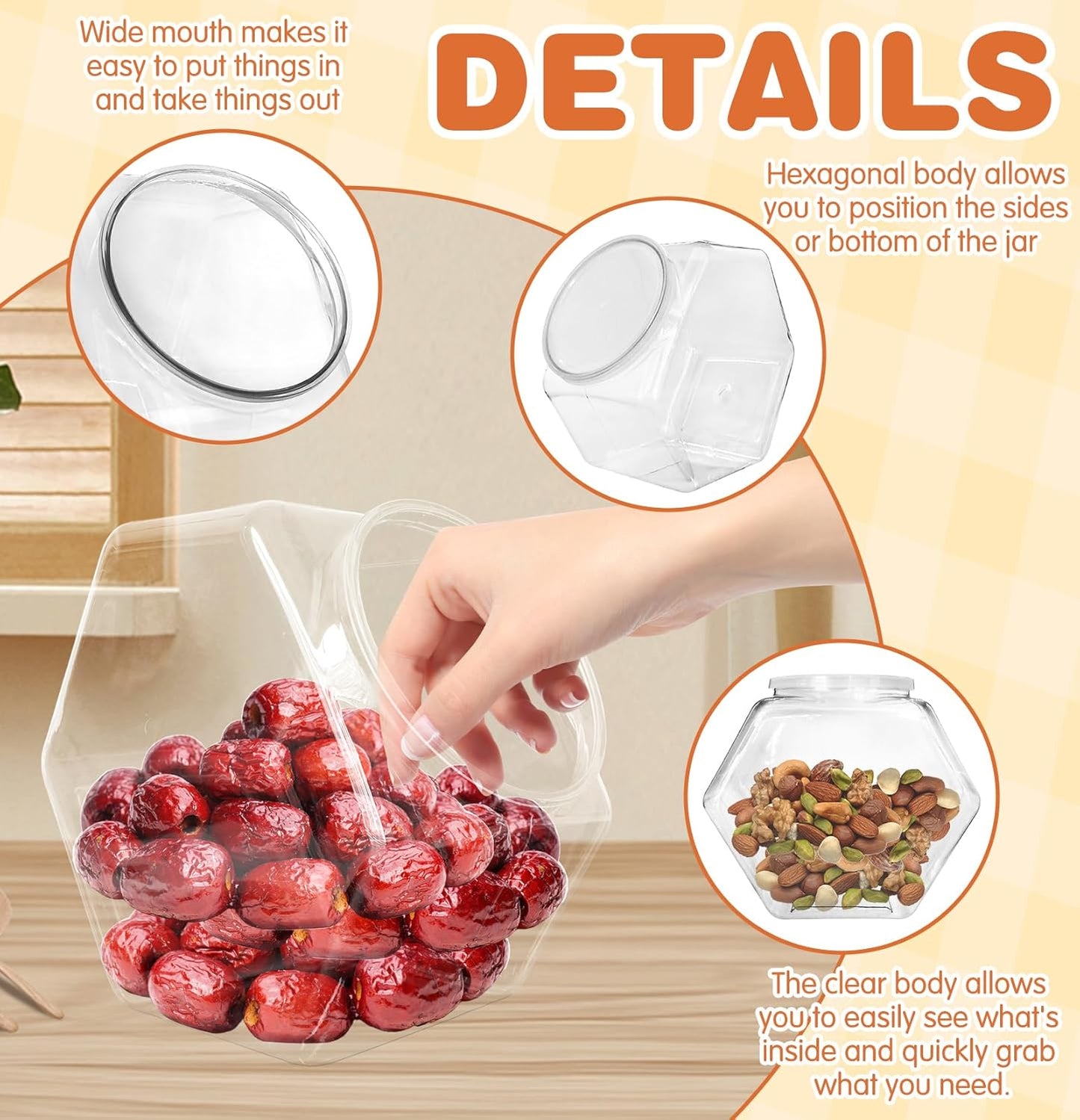 3 Pcs Plastic Candy Jars,Clear Cookie Jars 71 Oz for Kitchen Counter,Hexagon Cookie Jars with Lids,Plastic Dry Food Jar for Candy Buffet