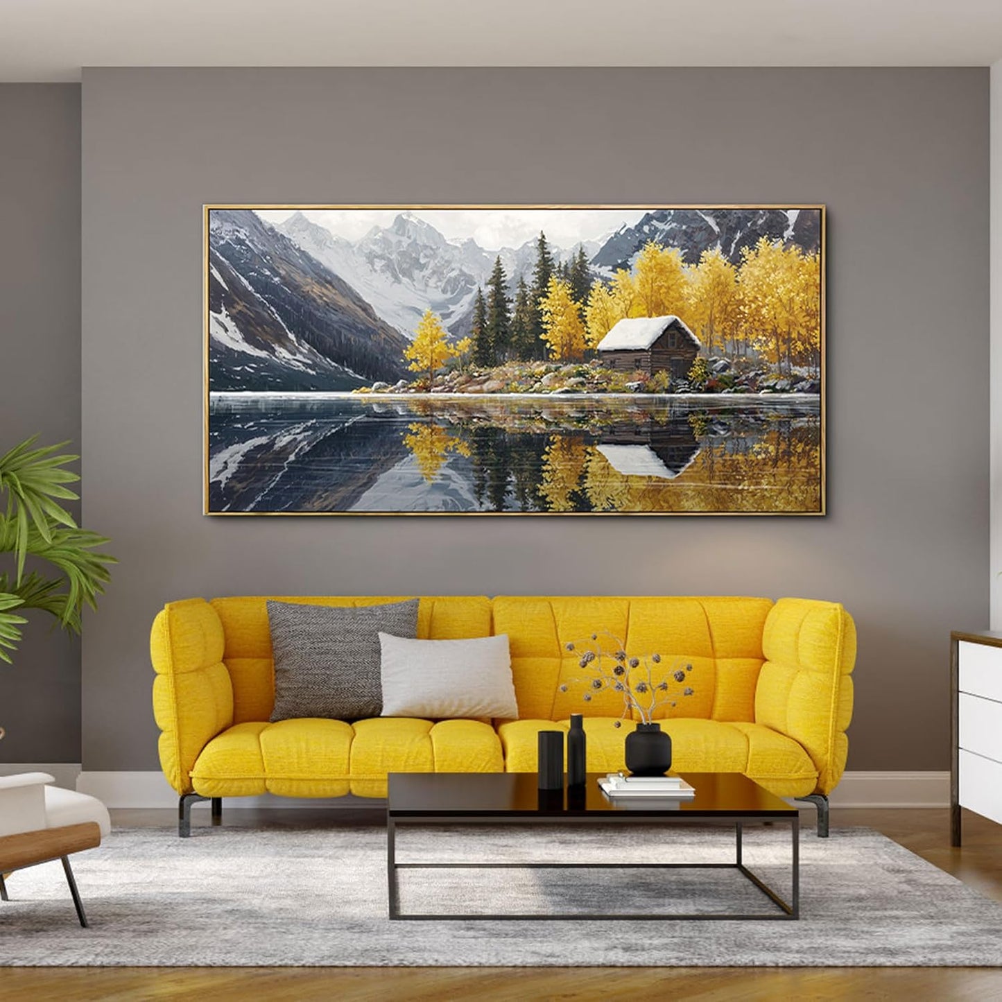 KLAKLA Living Room Wall Art - Tranquil Lake Cabin Orange Tree Forest Snowy Mountain Canvas Wall Decor Oversize Landscape Picture Framed Artwork for Bedroom Office Walls Home Decoration 48x24 Inches