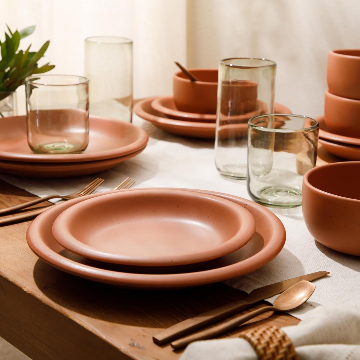 Bloomhouse Corsica Clay 12 Piece Stoneware Rustic Reactive Glaze Dinnerware Set - Stackable Plates and Bowls Set. Service for 4 - Matte Burnt Apricot Terracotta