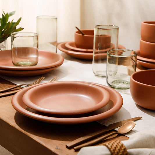 Bloomhouse Corsica Clay 12 Piece Stoneware Rustic Reactive Glaze Dinnerware Set - Stackable Plates and Bowls Set. Service for 4 - Matte Burnt Apricot Terracotta