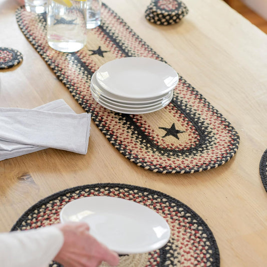 Homespice Primitive Star Gloucester Braided Oval Table Runner, Warm Primitive Decor, Black and Red 11x36 - Jute Dining Table Accessories - Rich Colors, Easy to Clean, Durable and Protects Furniture