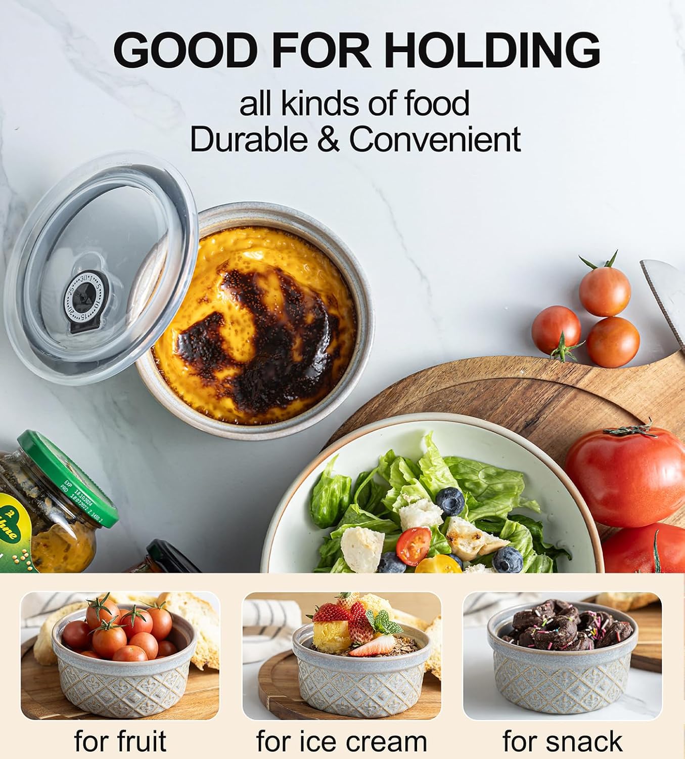 Large Ceramic Mixing Bowls with Lids Set of 4, 40 oz Salad Bowls for Kitchen Food Storage, Airtight Serving Bowls for Meal Prep, Cereal, Leftovers, Office Lunch, and Camping, Grey