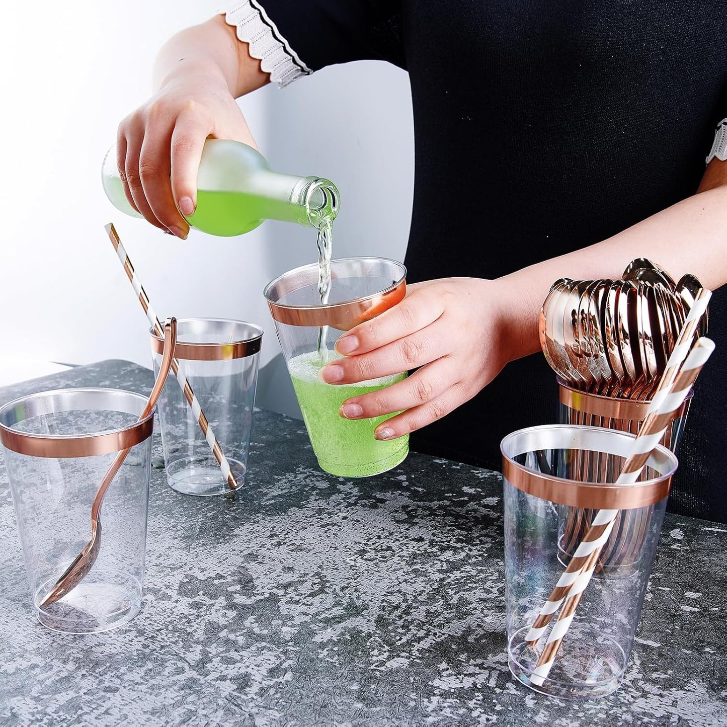 250 Count Rose Gold Disposable Plastic Dinnerware Set, 50 Rose Gold Plastic Plates, 25 Silverware, 25 Cups and Straws, 50 Napkins, Perfect for Wedding Party