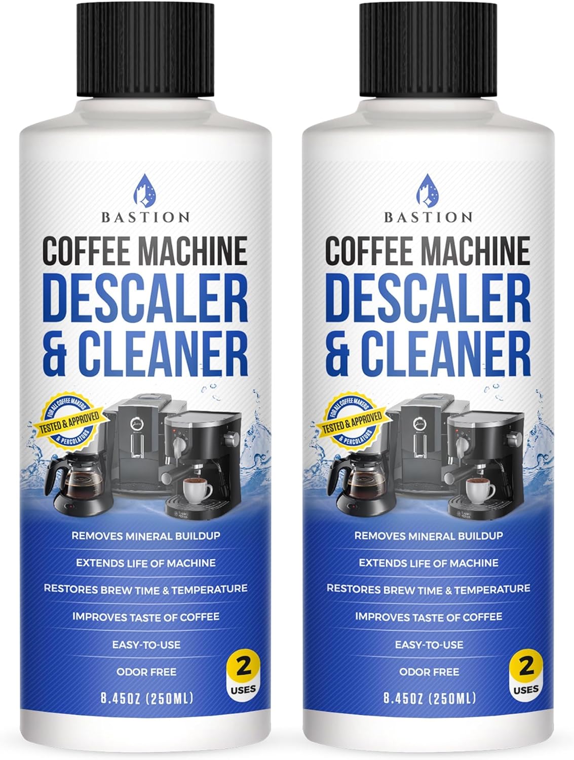 Bastion Coffee Machine Descaler & Cleaner - 4 Uses. (2 Bottles) Universal Descaling Solution Compatible with Keurig, Nespresso, Delonghi and All Single Use Coffee and Espresso Machines