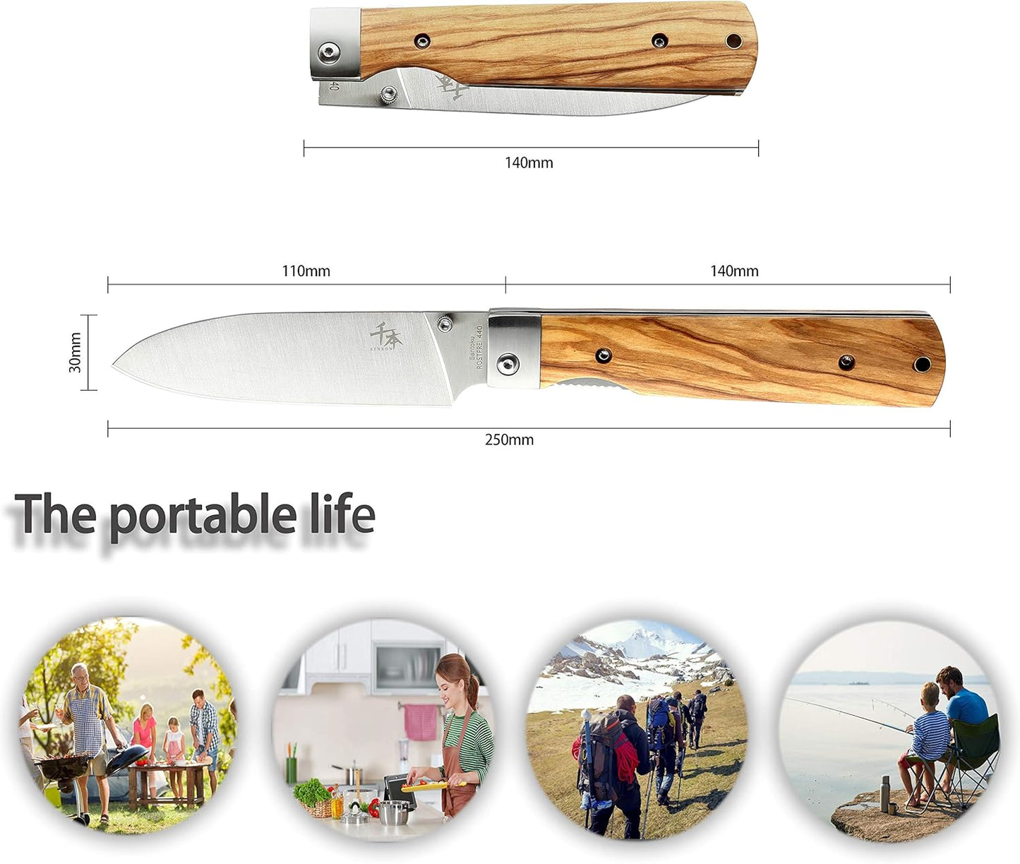 SENBON 440A stainless steel Ultra sharp pocket folding Japanese peeling utility knife Natural Olive Handle Camping trip Outdoor Portable Fruit knife