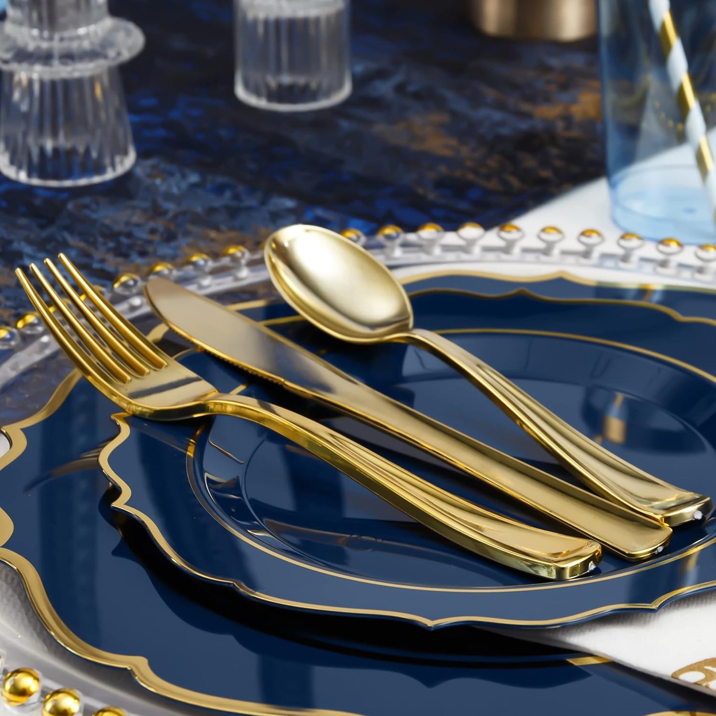200 PCS Premium Blue Plastic Plates for 25 Guests, Heavy Duty Blue and Gold Disposable Plate, include 25 Plastic Dinner/Dessert Plates, 25 Silverware Set, 25 Cups, Straws for Party Graduation