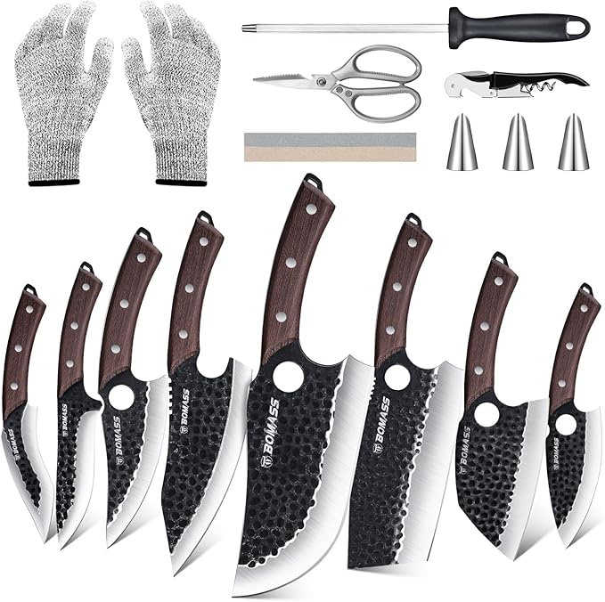 Meat Cleaver Butcher Knife Set of 15PCS, Hand Forged Knives Set for Kitchen, High Carbon Japanese Knife Set with bag & 6 Accessories, Boning Knife for Meat Cutting, Outdoor Cooking BBQ Camping Gift